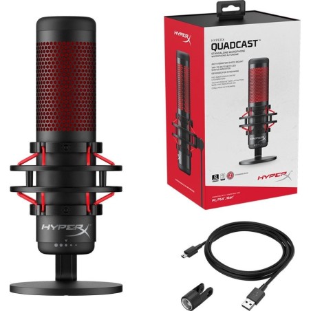 "HyperX QuadCast Microphone -36dB Two-Way Stereo Cardioid Omni-Directional Black Red - Premium Sound Quality for Gamers and Stre